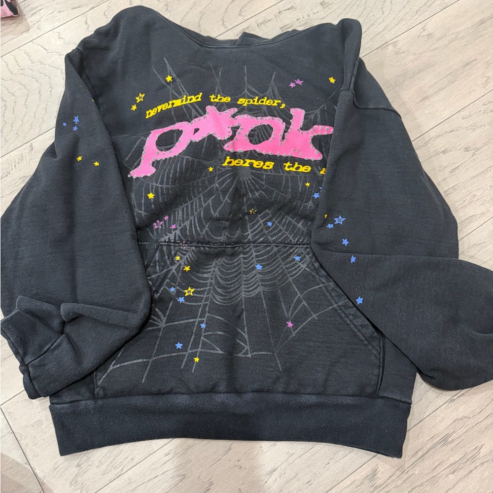 Black Crewneck Sweatshirt with Pink Logo and Star Accents